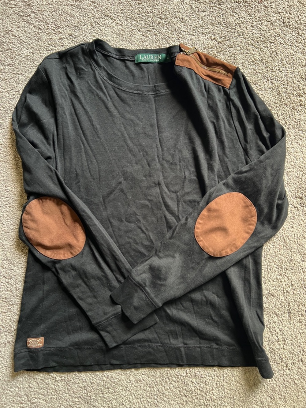 Lauren Ralph Lauren Elbow Patch Top Black Cotton Equestrian Preppy Shirt XL